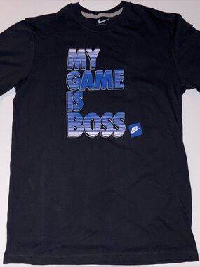 Nike Black T-Shirt with Blue 'My Game Is Boss' Graphic Sz L